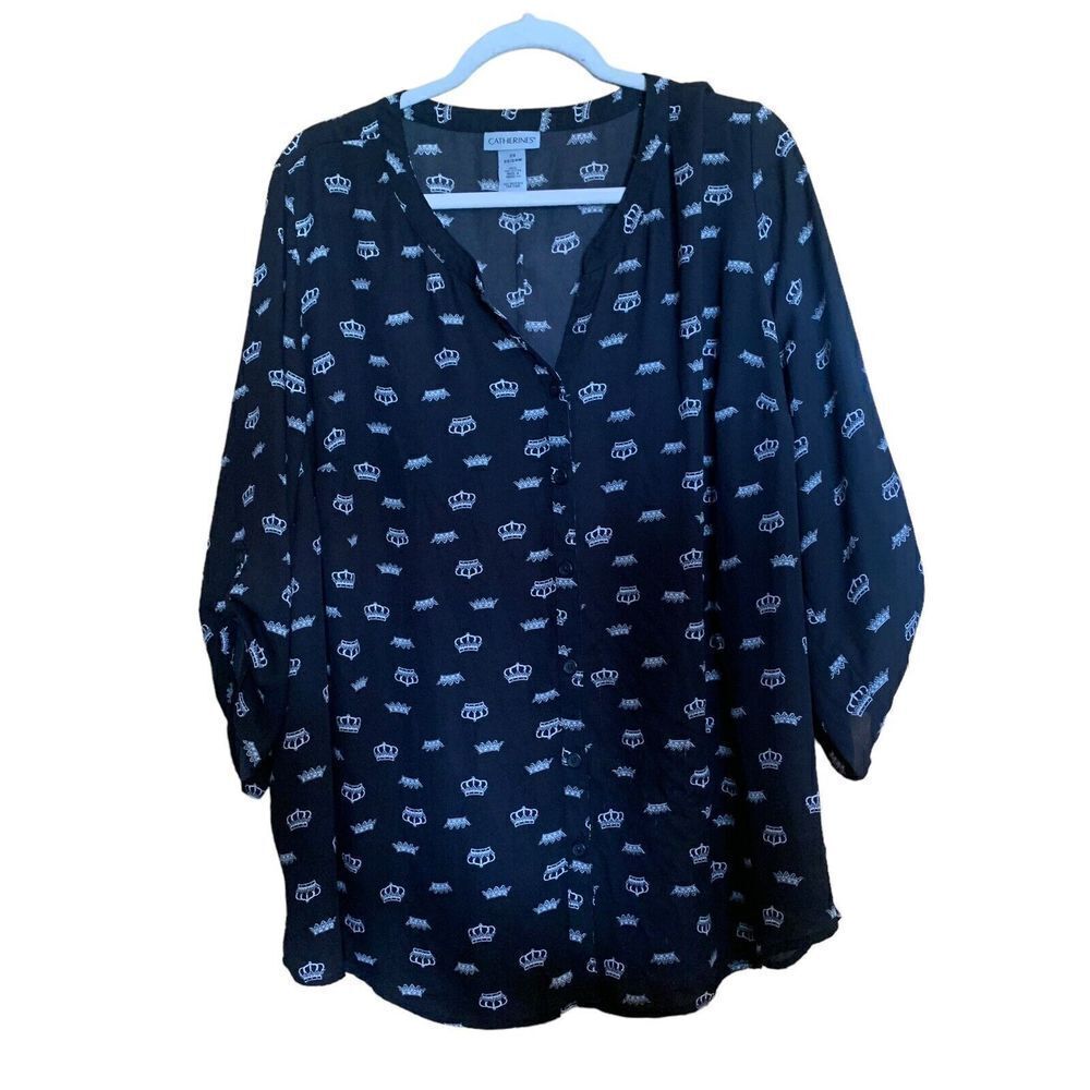 Catherines 2X 22 24W Multicolor Crown Print Button Roll Tab Sleeves Shirt Blouse